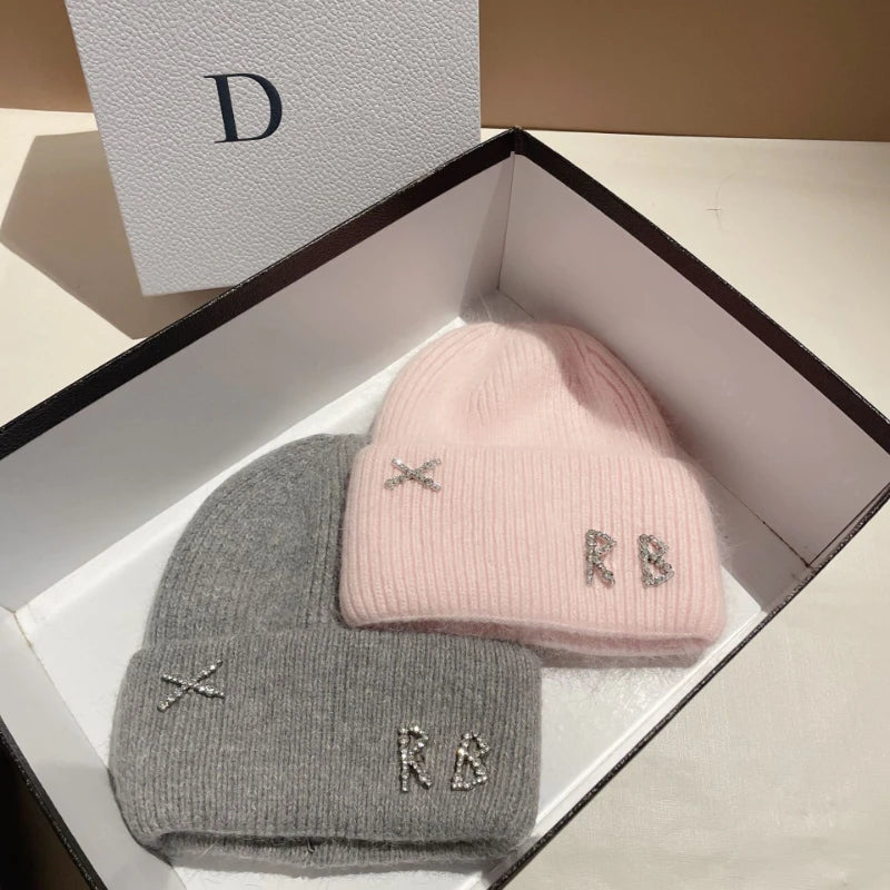 Luxury Rabbit Fur Beanie with Diamond Letters for Women - Cozy Winter Knitted Hat for Casual Outdoor Activities.