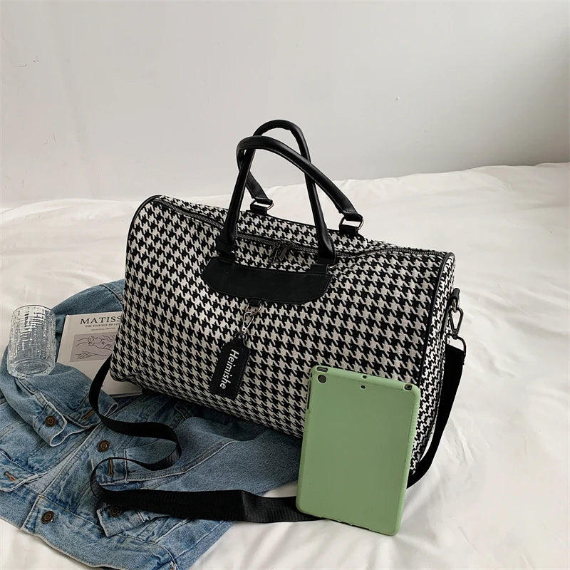 Large Houndstooth Women's Travel Bag Organizer Sports Gym Bag Weekend Duffle Handbag Shoulder Crossbody Bags Packing Cubes Totes.