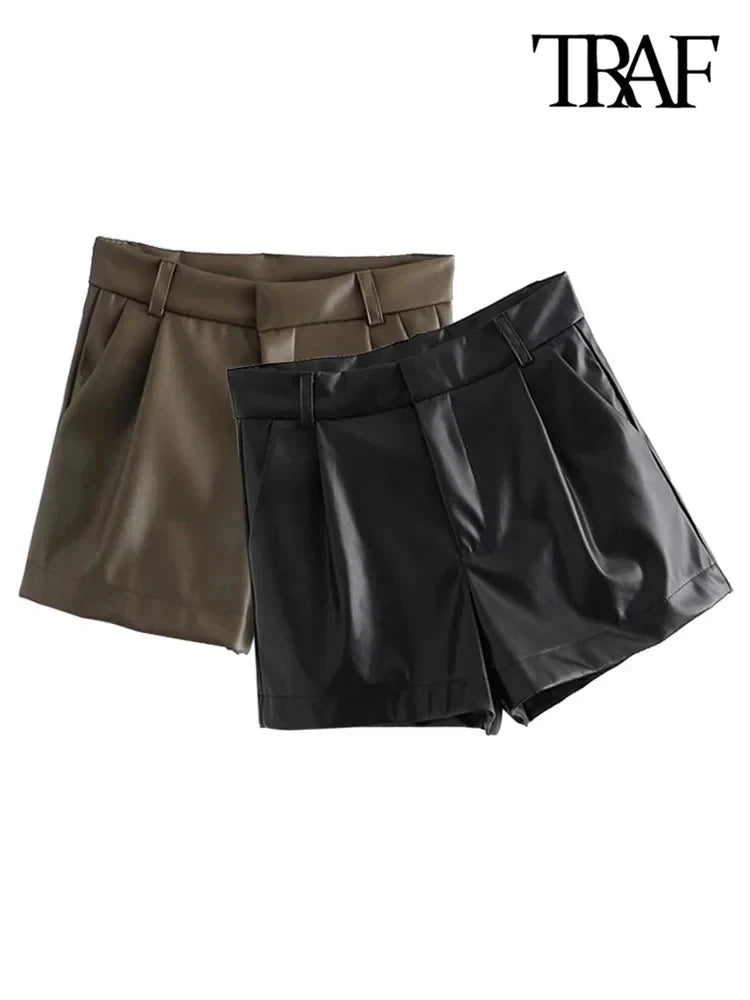 TRAF-Women's Faux Leather Shorts with Side Pockets, High Waist, Zipper Fly, Female Short Pants, Chic Fashion.