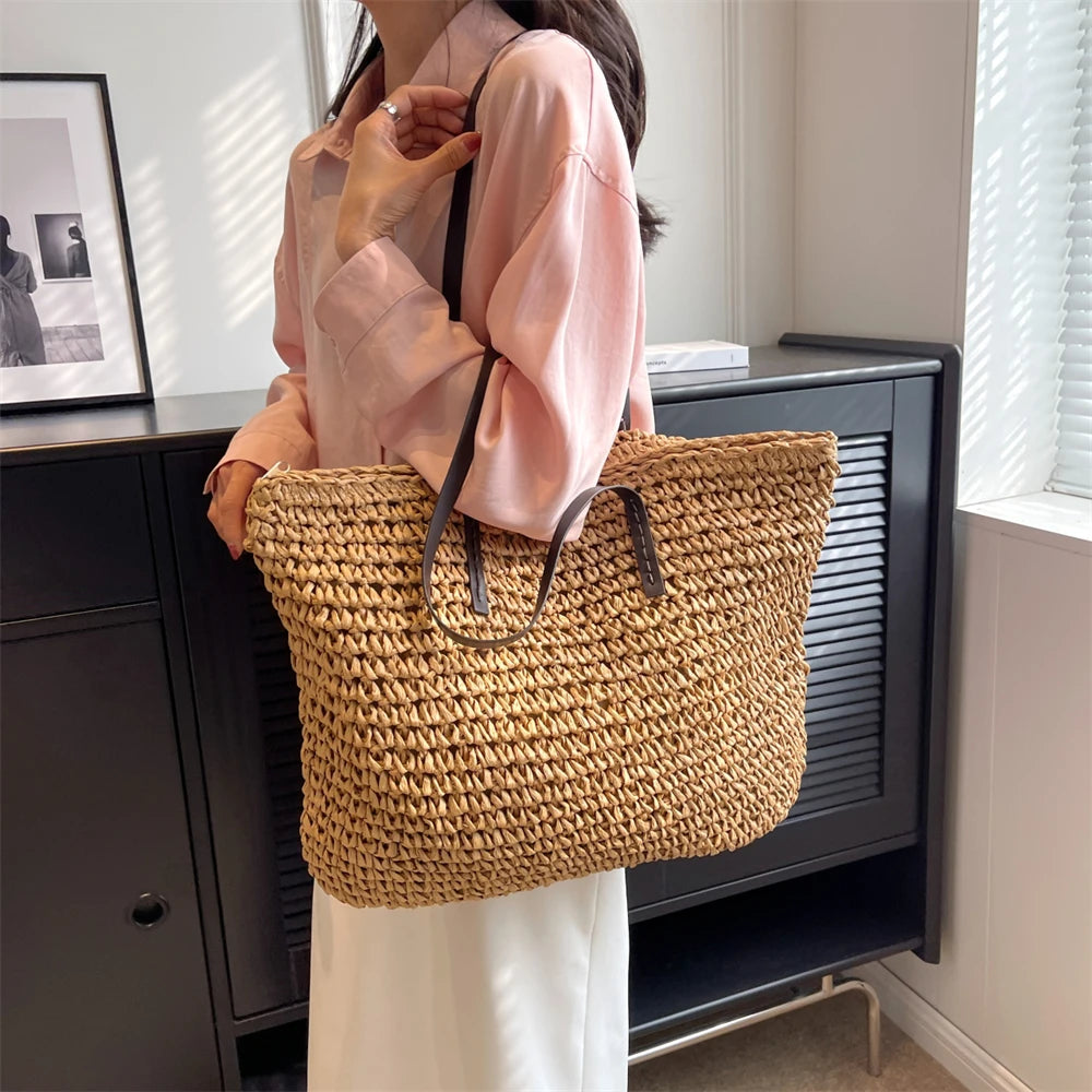 MOODS Luxury Design Straw Woven Tote Bags For Women Large Capacity Shoulder Beach Bag Pure Color Summer New Big Shopping Handbag