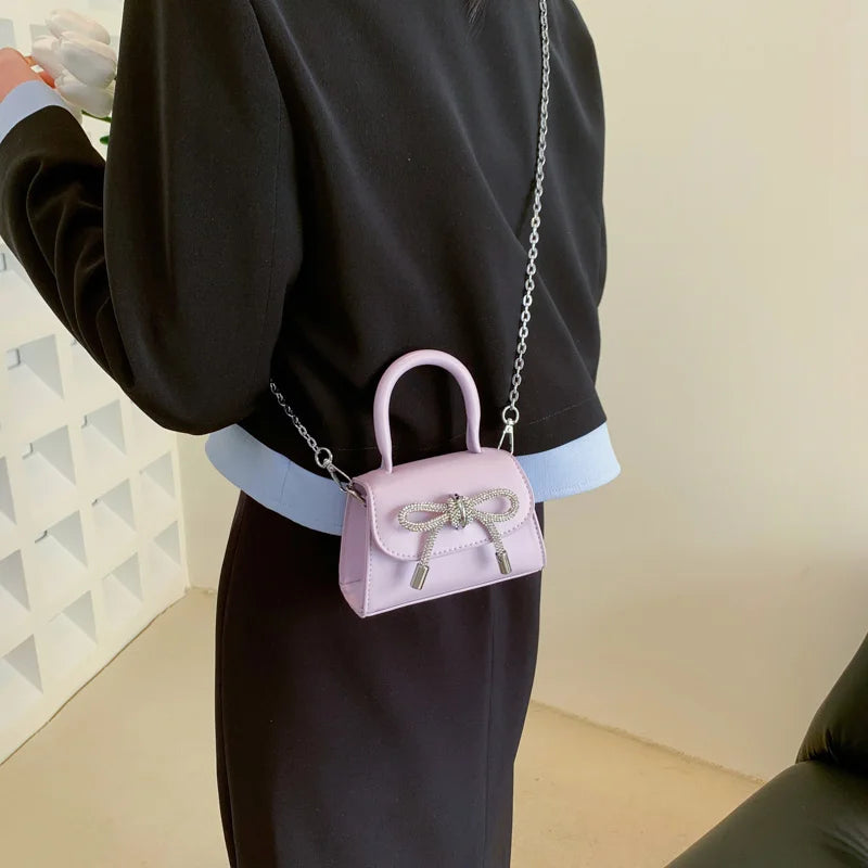 Bow Design Solid Color Mini Shoulder Bag PU Leather Flap Crossbody Bags for Women 2024 Fashion Female Chain Purse and Handbags