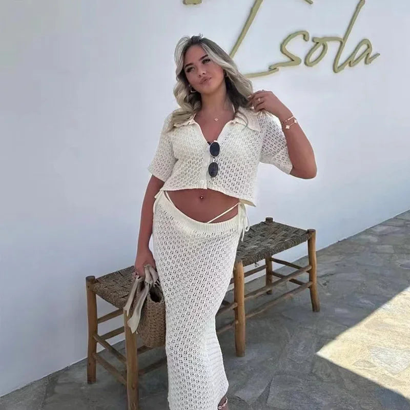 Elegant Knitted Long Skirt Women's Sets Hollow Out Lapel Short Sleeve Cropped Top  Maxi Skirts 2024 Summer Crochet Female Suit - Elevate Your Body