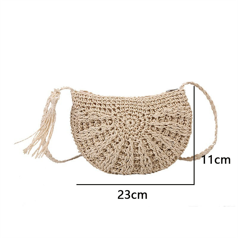 2023 Half Round Straw Bag for Women Summer Beach Rattan Shoulder Bag Zipper Woven Half Moon Crossbody Handbags Bohemia Vacation.