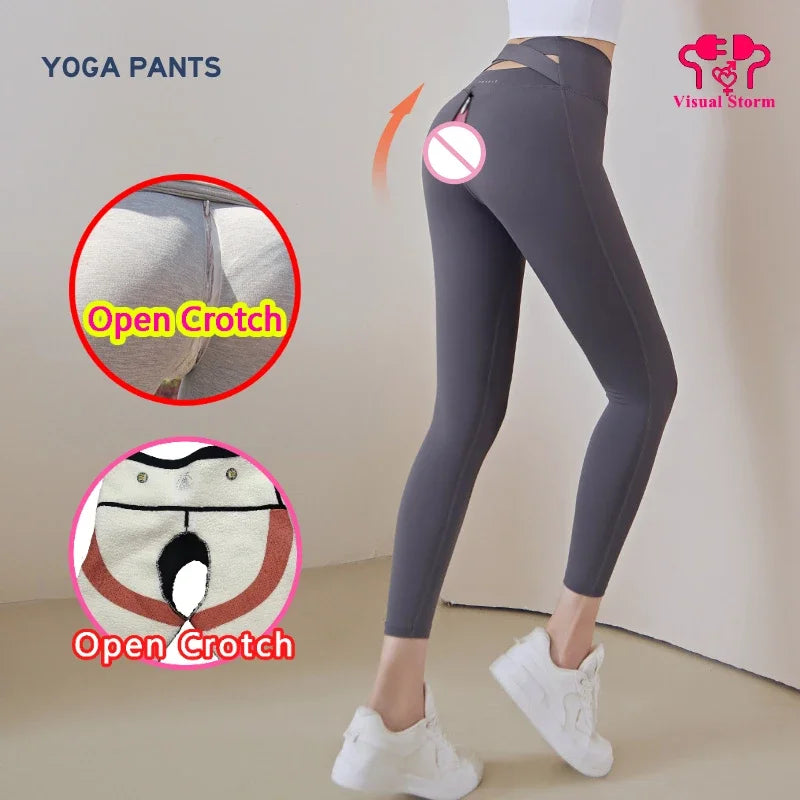 Sexy Open Crotch Push Up Leggings Women High Rise Gym Fitness Sporty Hot Pants Waist Hollow Out Fashion Cloth Erotic Clubwear.