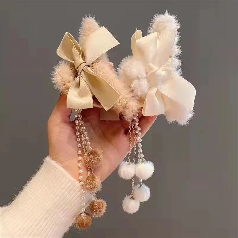 Chic Furry Bow Hair Claw Clips with Pearl Tassels - Strong Hold Banana Jaw Clips for Women.