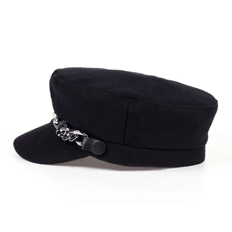 Unisex Studded Chain Military Cap - Flat Top Baseball Hat for Outdoor Sports and Sunscreen Protection.