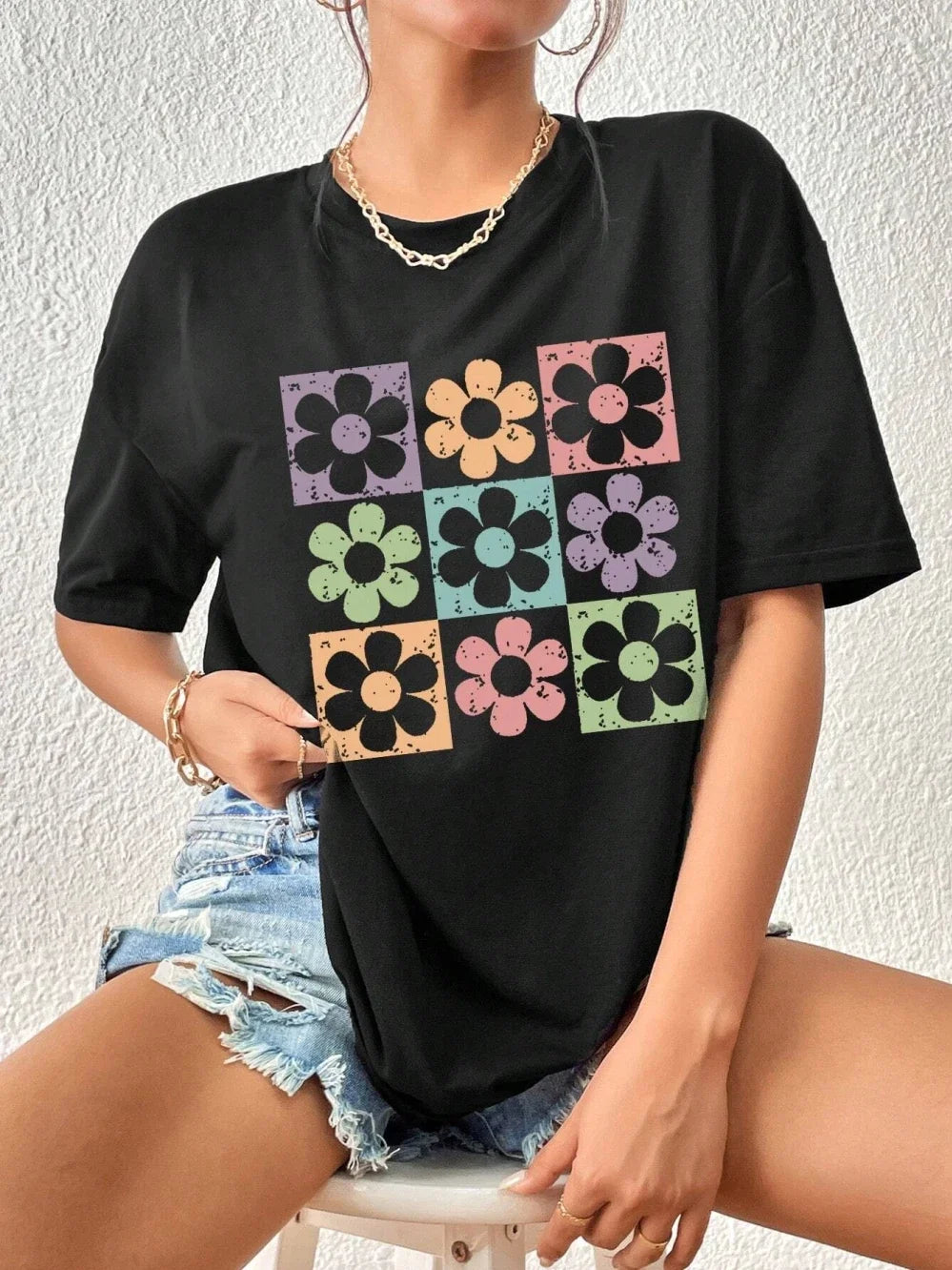 Nine Chrysanthemums Of Different Colors Women Tshirt Street Hip Hop Short Sleeve Oversized Tee Shirt Casual Cotton Clothes.