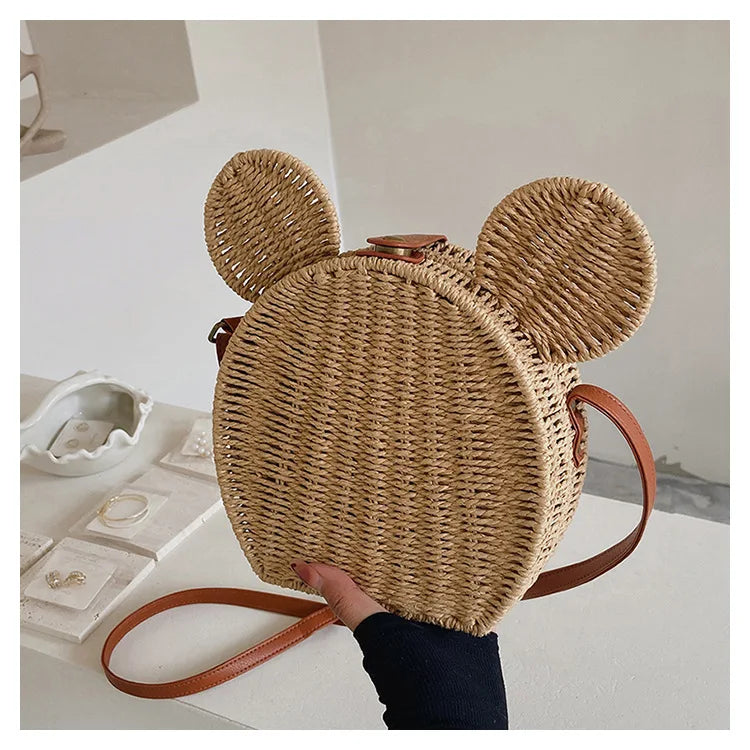 Disney 2023New Ladies Designer Straw Fancy Bag Cute Handbag Rattan Travel Leisure Vacation Small Round Beach Mickey Shoulder Bag - Elevate Your Body