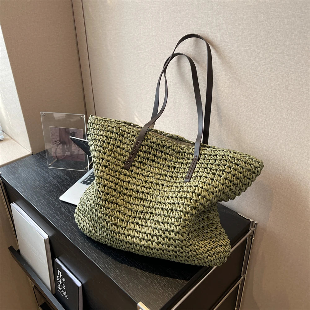 MOODS Luxury Design Straw Woven Tote Bags For Women Large Capacity Shoulder Beach Bag Pure Color Summer New Big Shopping Handbag.