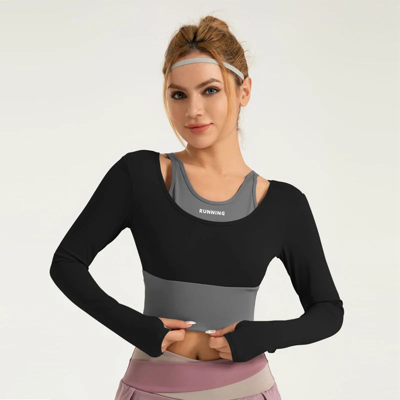 Women Yoga T-shirts Long Sleeve Gym Sport Top Fake Two-piece Built-in Cup Workout Running Shirts Sexy Exposed Navel Yoga Cloths.