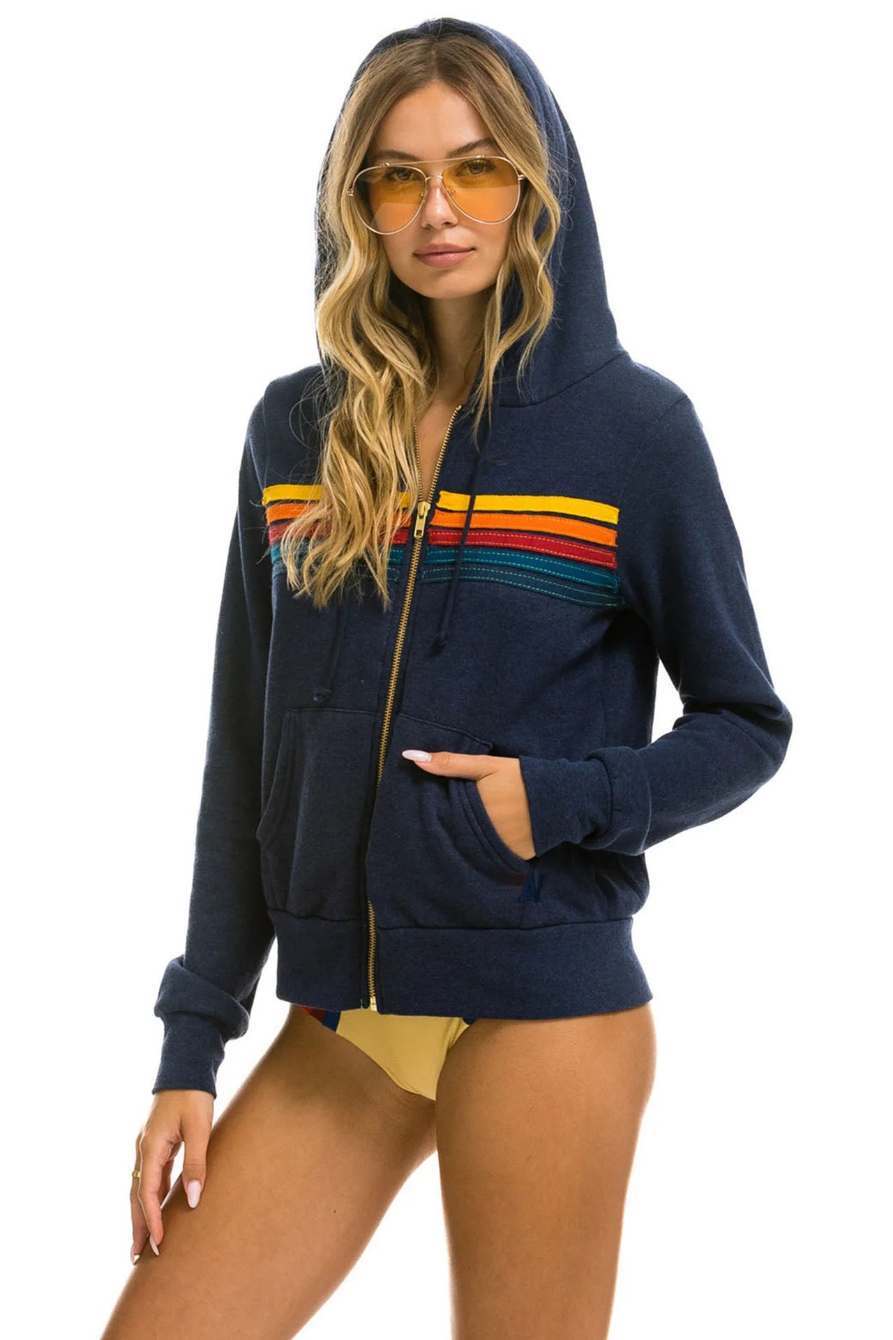 2025 Women Men Zipper Rainbow Long Sleeve Hooded Sweatershirt Harajuku Elastic Hip Hop 5 Stripe Hoodies Jacket.