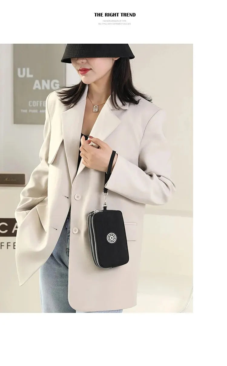 Solid Color Coin Purse Women Handbag Small Wallet Wrinkle Fabric Phone Purse Three Zippers Portable Make Up Bag.