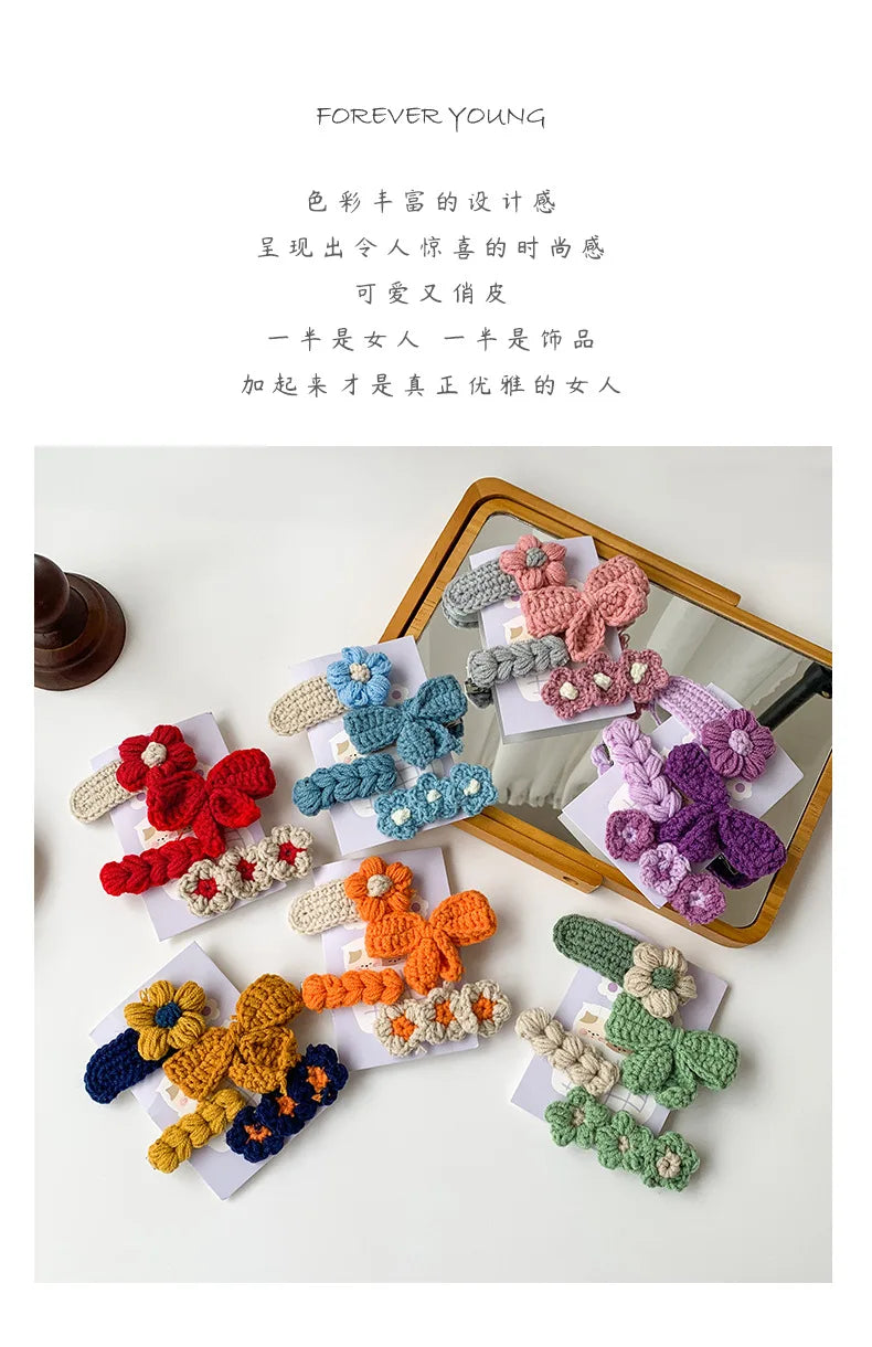 Handcrafted Woolen Knitted Bow Hairpins for Girls - Cute Floral BB Clip Barrettes for Autumn and Winter Hair Accessories.