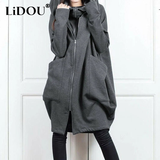 Autumn Winter Oversized Loose Casual Zipper Hoodies Female Fake Two Piece Pocket Cardigan Top Women Coat Outwear Lady Sweatshirt.