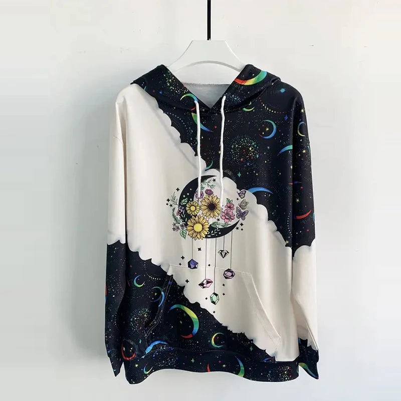 Moon Print Drawstring Hoodie Casual Long Sleeve Hooded Sweatshirt Women's Clothing - Elevate Your Body