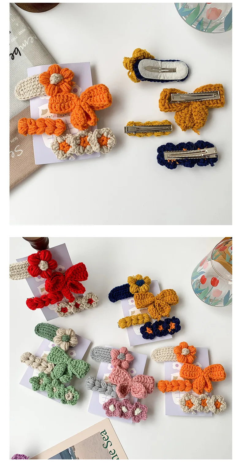 Handcrafted Woolen Knitted Bow Hairpins for Girls - Cute Floral BB Clip Barrettes for Autumn and Winter Hair Accessories