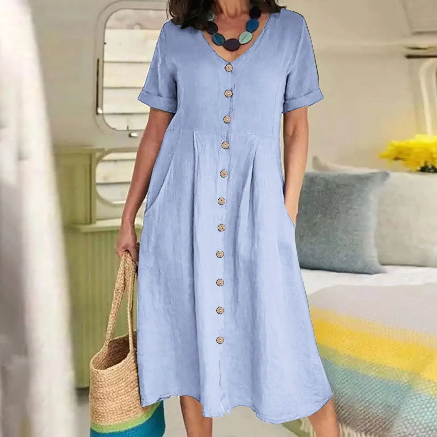 Women's Clothing Summer Casual V Neck Short Sleeve Cotton Linen Midi Dress Solid Loose High Waist Elegant Party Dresses Vestidos - Elevate Your Body