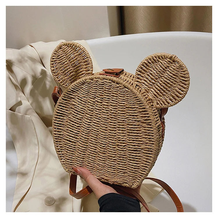 Disney 2023New Ladies Designer Straw Fancy Bag Cute Handbag Rattan Travel Leisure Vacation Small Round Beach Mickey Shoulder Bag - Elevate Your Body