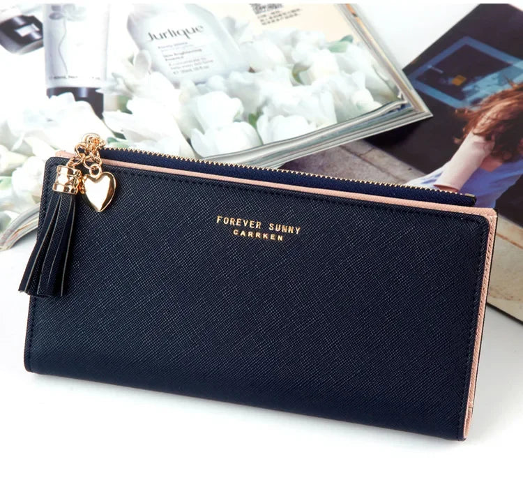 Women's Long Wallet,Multi Card slots Handheld Clutches,Tassel Zipper Clutch Purse,Slim Large Capacity Leather Mobile Phone Bag.