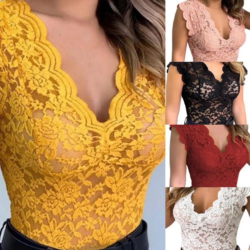 Sexy Deep V Neck Sleeveless Lace Blouse Shirts Summer Fashion Women Lace Patchwork Pullover Tops.