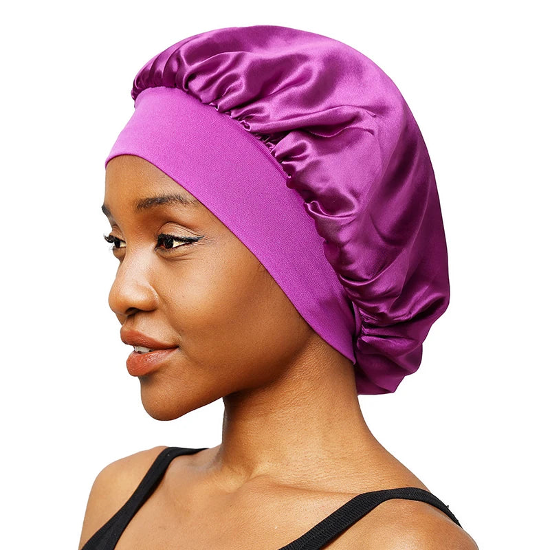 Satin Solid Wide-Brimmed Unisex Sleeping Hat - Elastic Band Hair Care Bonnet for Night Use