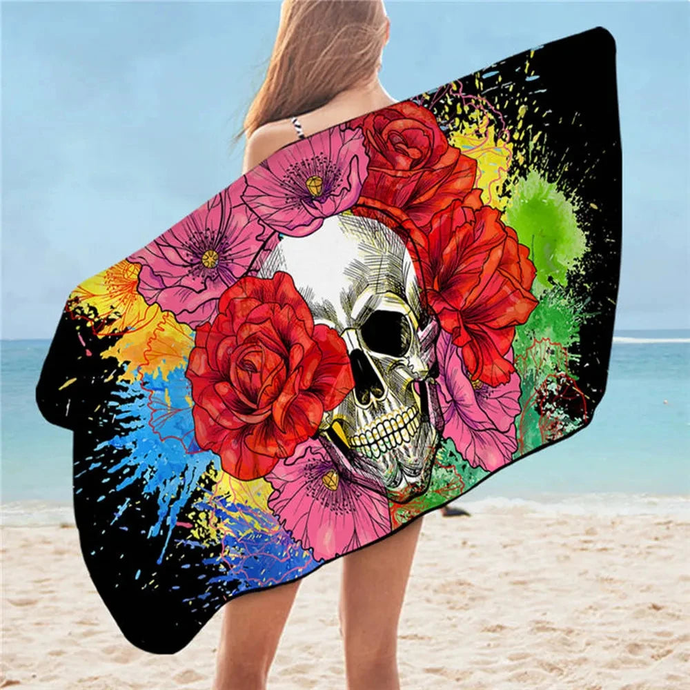 Sugar Skull Print Beach Towel Microfiber Fabric Quick Dry for Adults Women Men Gift Shower Towel Travel Camping Kitchen Gym Yoga.