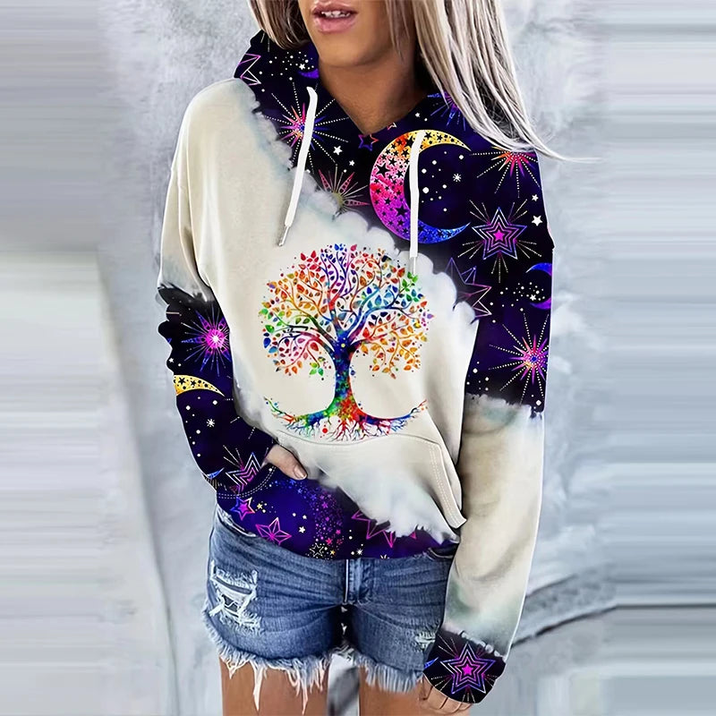 Moon Print Drawstring Hoodie Casual Long Sleeve Hooded Sweatshirt Women's Clothing.