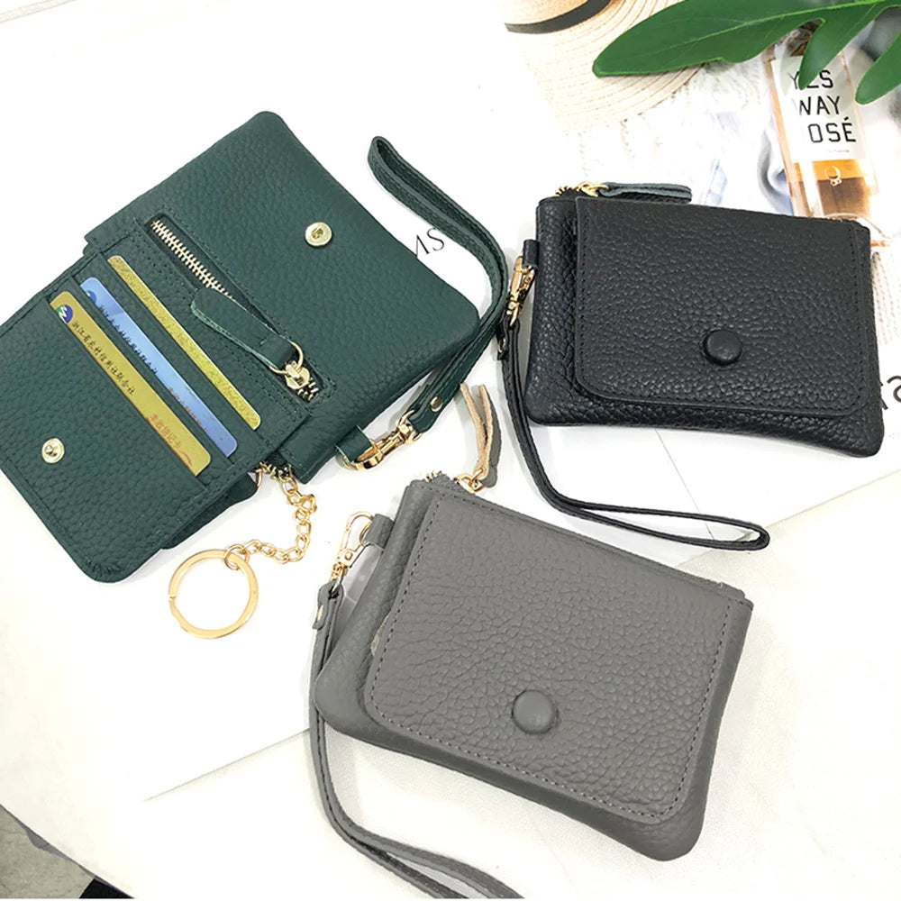 Custom Letters Women Coin Purse Genuine Leather Lady Keychain Card Holder Small Lanyard Wallet Personalize Name Zip Wristlet Bag.