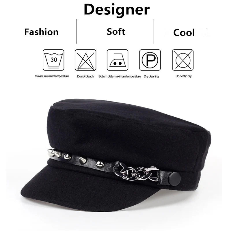 Unisex Studded Chain Military Cap - Flat Top Baseball Hat for Outdoor Sports and Sunscreen Protection.