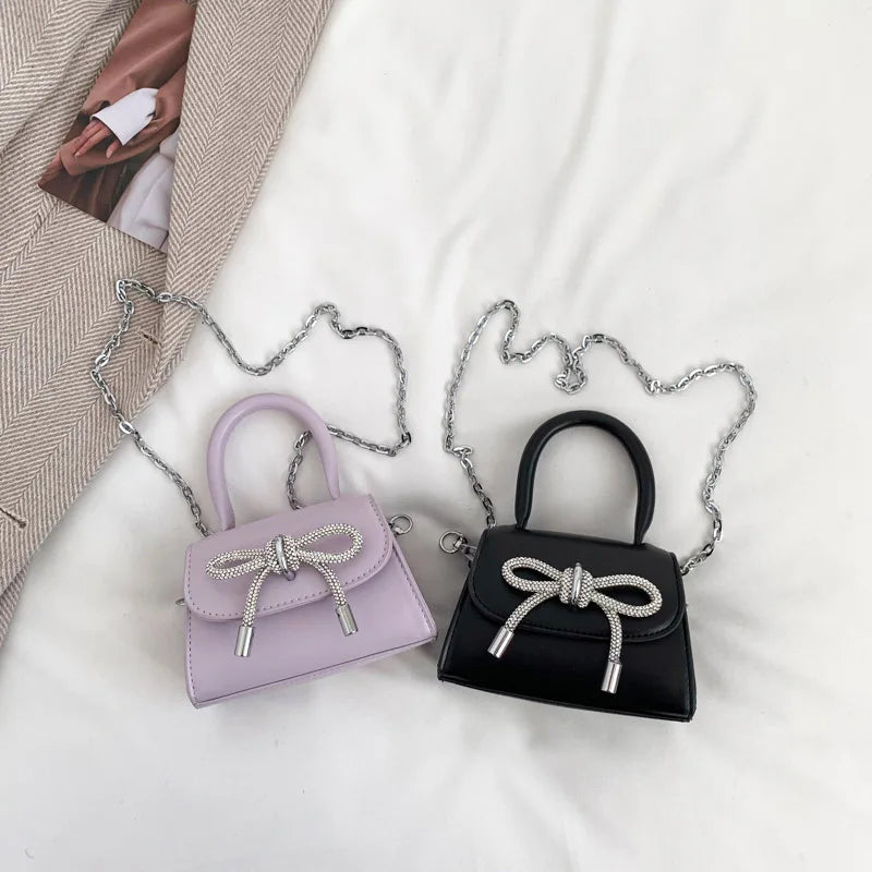 Bow Design Solid Color Mini Shoulder Bag PU Leather Flap Crossbody Bags for Women 2024 Fashion Female Chain Purse and Handbags.