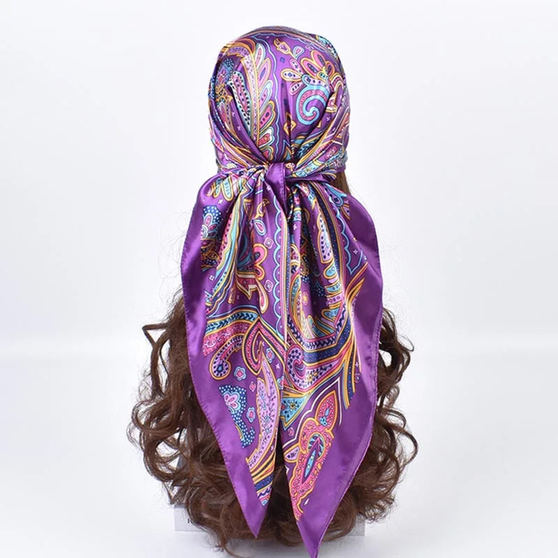 Versatile Cashew Satin Large Square Scarf with Fashion Stripes for Women - Trendy and Personalized Design.