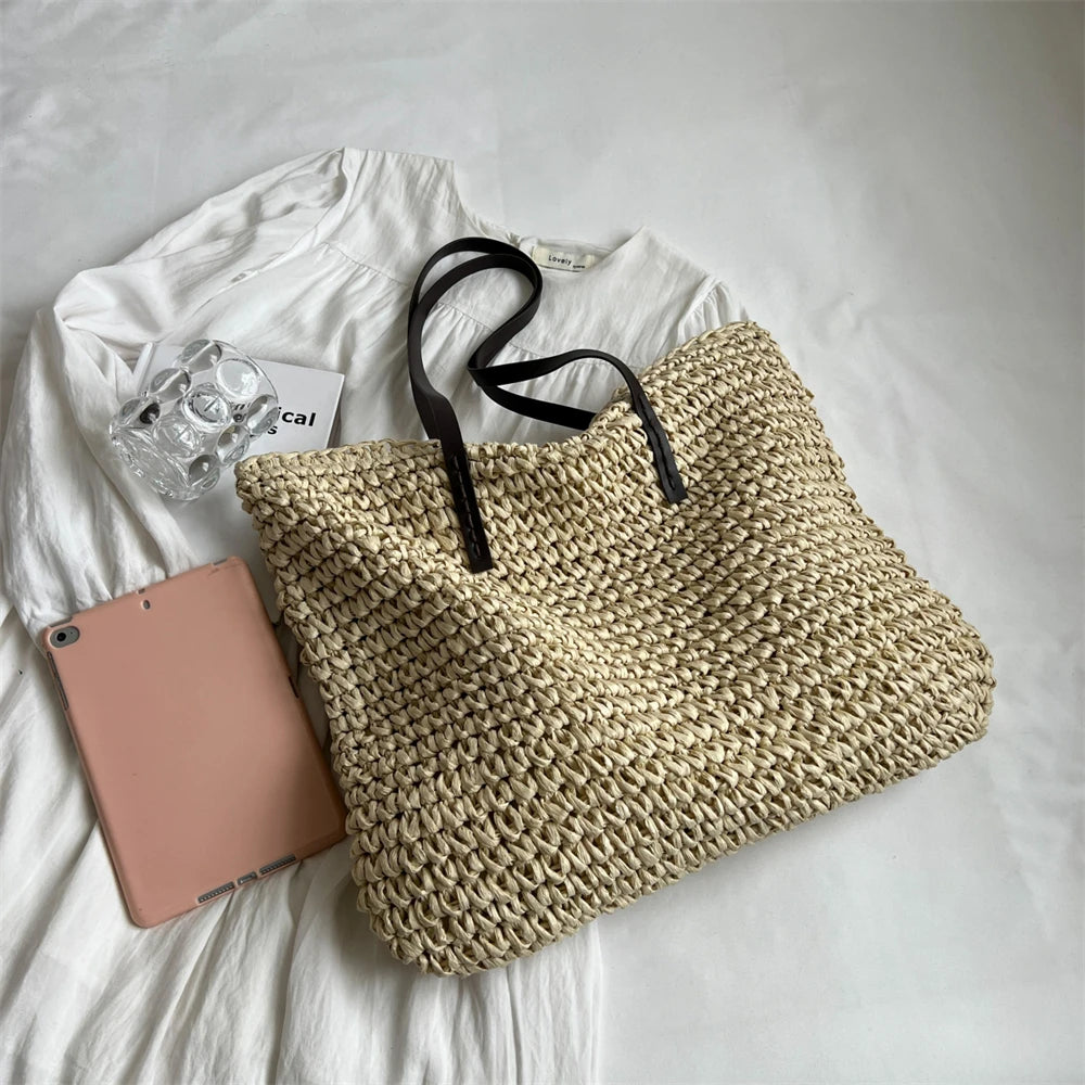 MOODS Luxury Design Straw Woven Tote Bags For Women Large Capacity Shoulder Beach Bag Pure Color Summer New Big Shopping Handbag.