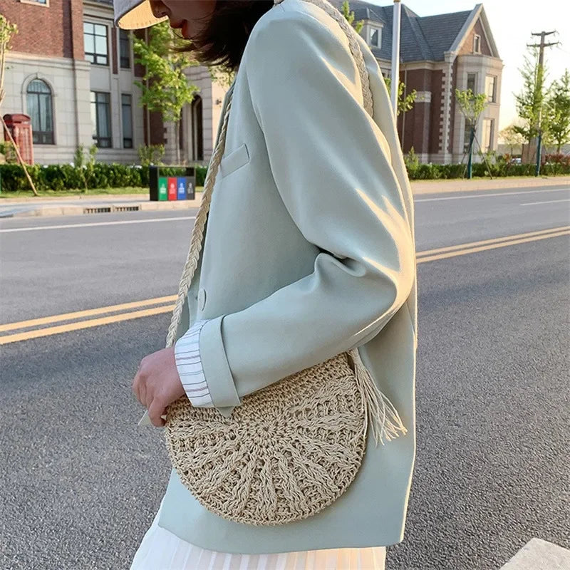 2023 Half Round Straw Bag for Women Summer Beach Rattan Shoulder Bag Zipper Woven Half Moon Crossbody Handbags Bohemia Vacation.