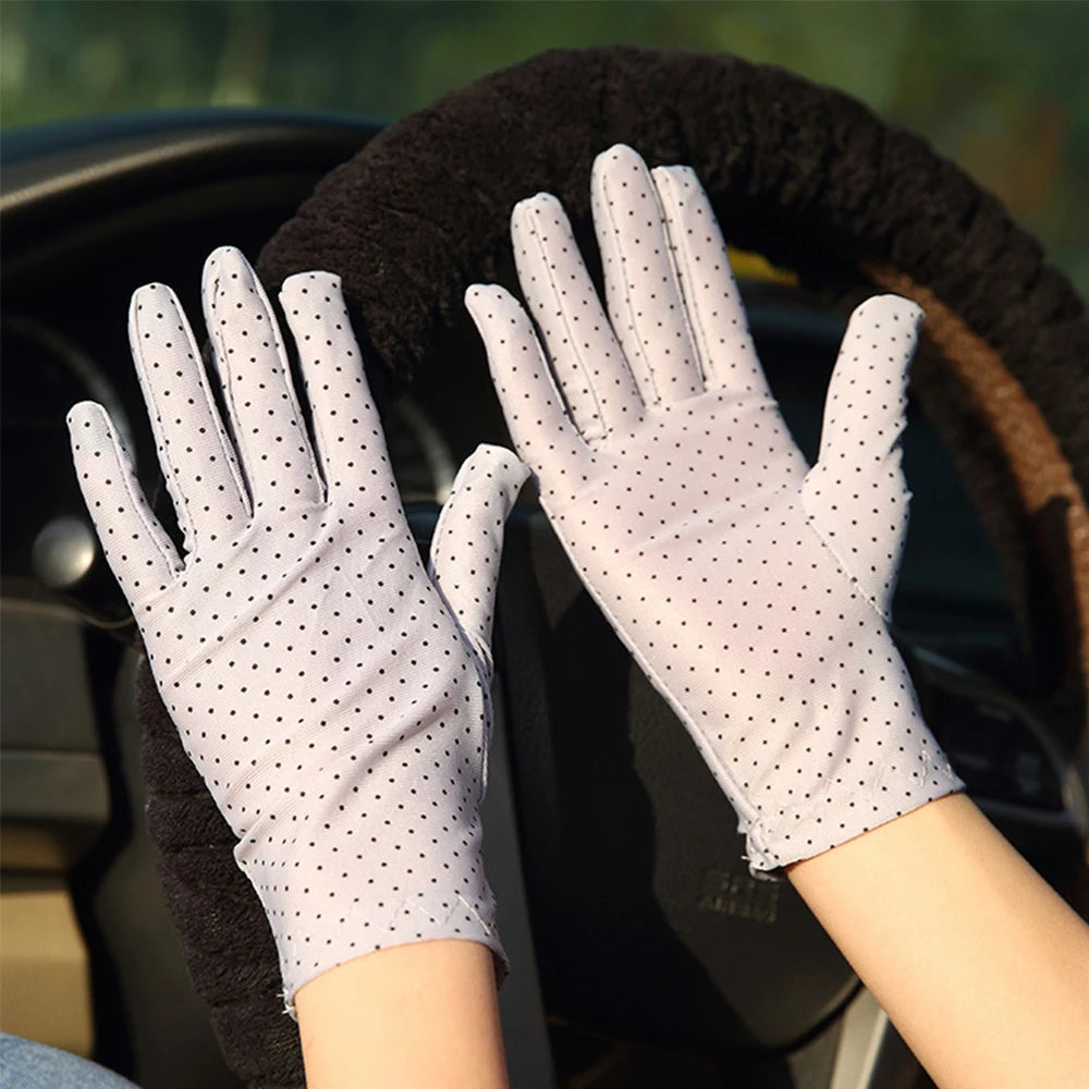 Fashionable Women's Spandex Driving Gloves for Summer Sunscreen Protection with Dots Design.