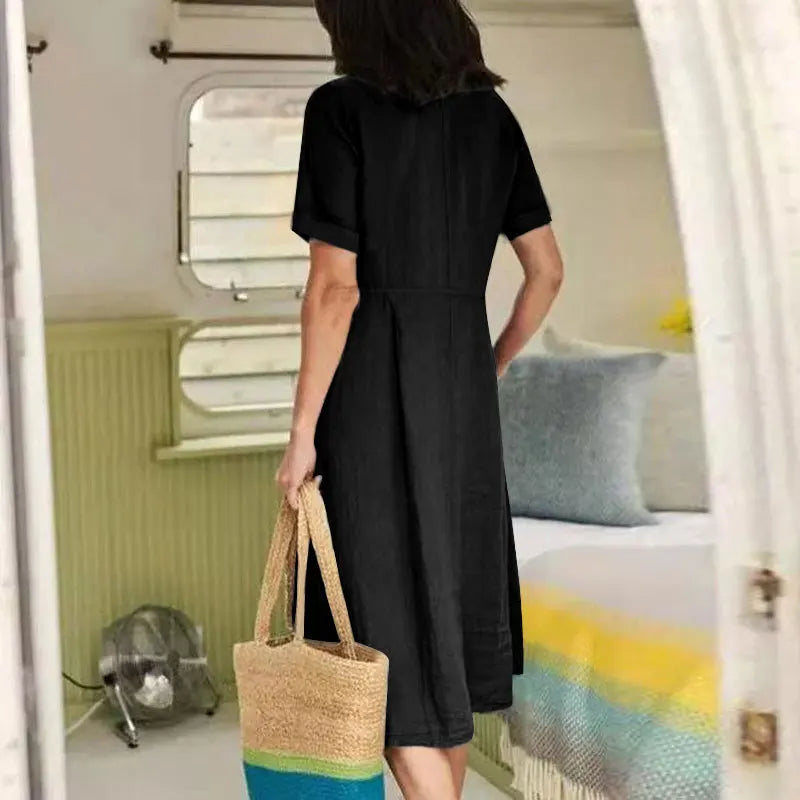 Women's Clothing Summer Casual V Neck Short Sleeve Cotton Linen Midi Dress Solid Loose High Waist Elegant Party Dresses Vestidos - Elevate Your Body