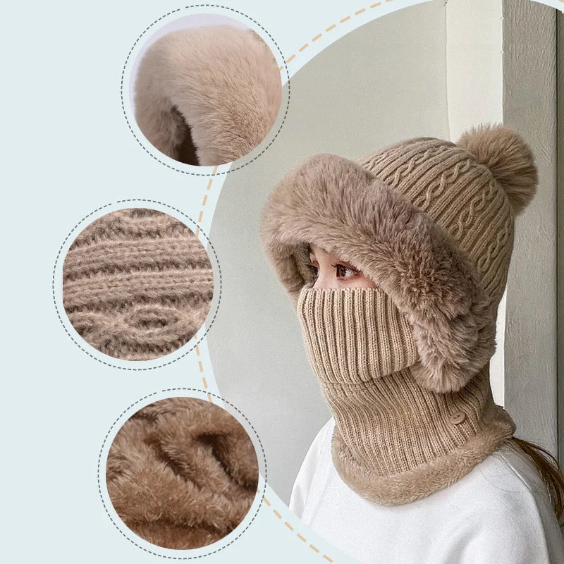 Cozy Women's Winter Knitted Beanie and Scarf Set with Plush Pompom and Fleece Lining for Ultimate Warmth and Neck Protection.