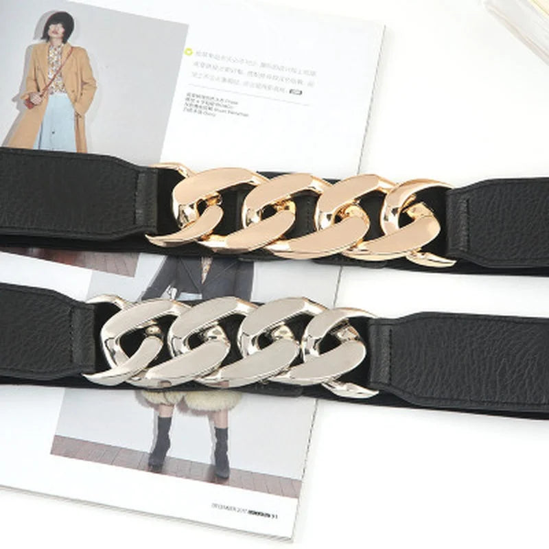 Stylish Elastic PU Leather Belt with Metal Chain Buckle and Rivet Details for Women.