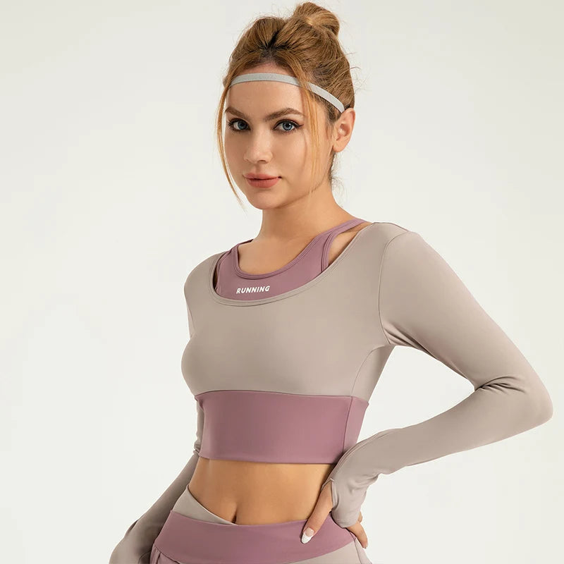 Women Yoga T-shirts Long Sleeve Gym Sport Top Fake Two-piece Built-in Cup Workout Running Shirts Sexy Exposed Navel Yoga Cloths.