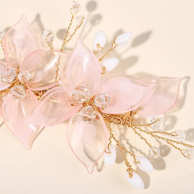 Pink Flower Hair Clips for Bride Wedding Hair Accessories Crystal Floral Hairpins Pearl Headpiece for Women Party Hair Jewelry.