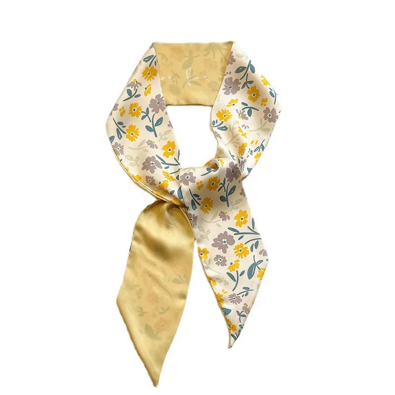 Elegant Yellow and White Silk Scarf for Women - Versatile Hair Tie and Bag Accessory for Spring and Summer.