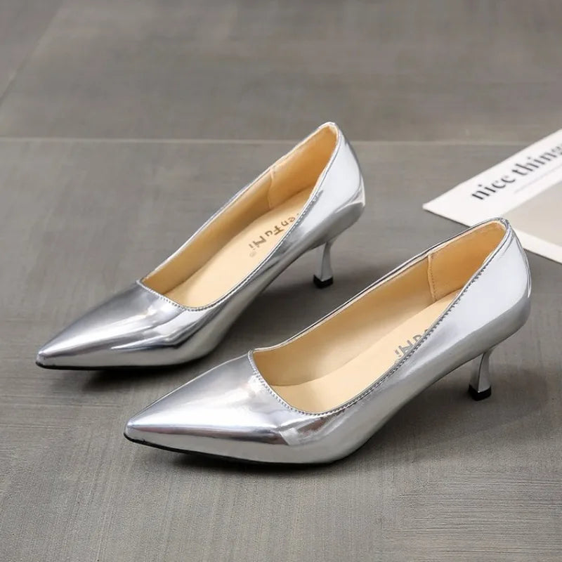 2024 Fashion Women Patent Leather High Heels Lady Pointe Toe Gold Silver Heels Pumps Female Wedding Bridal Shoes Plus Size 35-45.