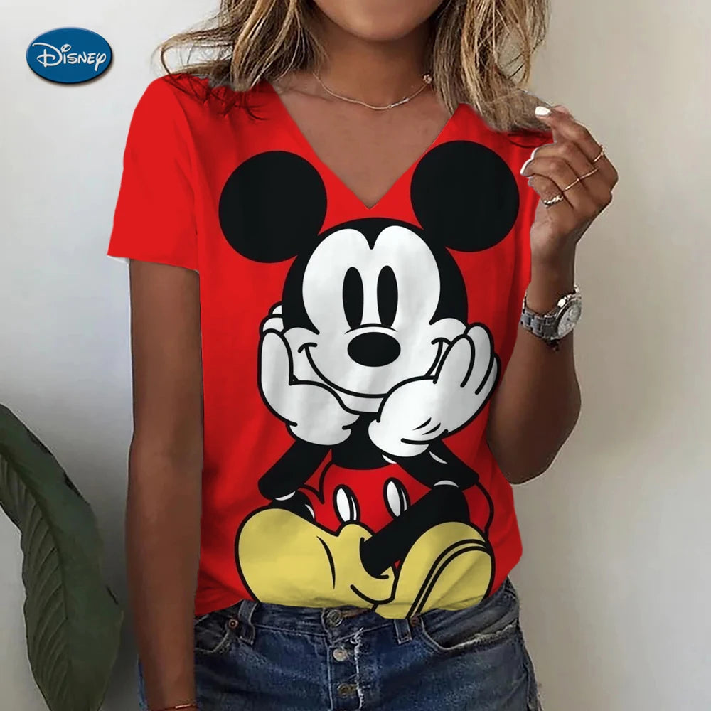 Women's T-shirts Disney Mickey Mouse 3D print New V-neck Short Sleeve Summer Casual Women's Clothing Harajuku Y2K Hip Hop Clothe.