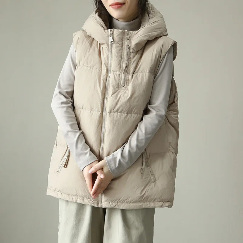 Schinteon Women White Duck Down Vest with Hood Autumn Winter Warm Over Size Casual Sleeveless Jacket Top Fashionable Gilet 2024.