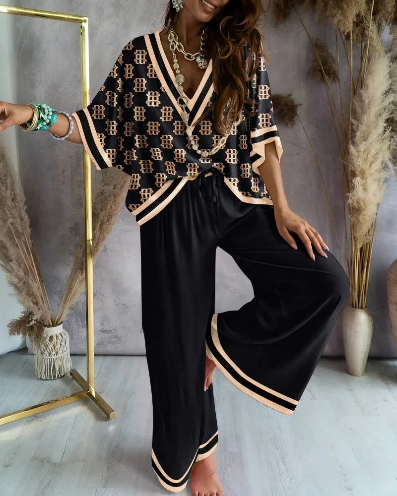 Sexy V Neck Midi Sleeve Shirt Pants Set Spring Summer Fashion Print Blouse Solid Trousers Two Piece Sets For Women Outfit 2024.