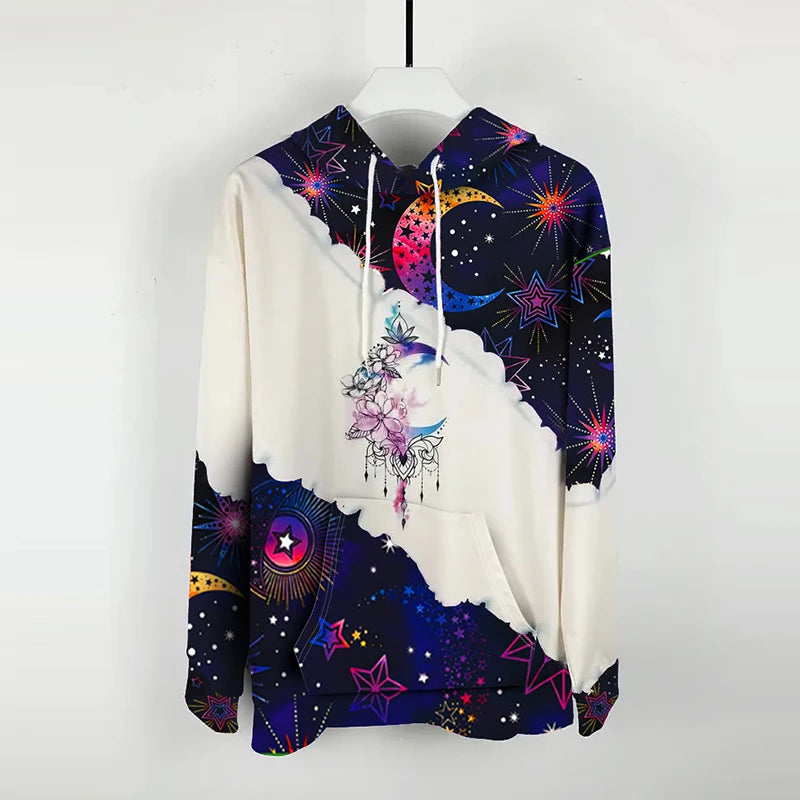 Moon Print Drawstring Hoodie Casual Long Sleeve Hooded Sweatshirt Women's Clothing - Elevate Your Body