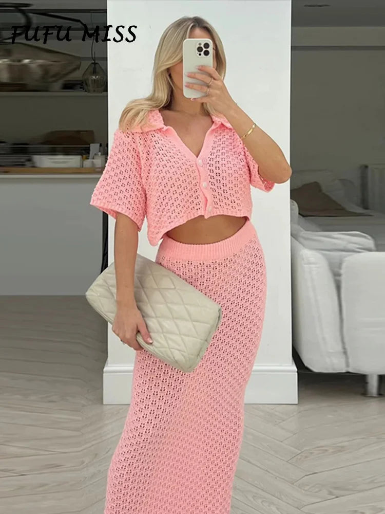 Elegant Knitted Long Skirt Women's Sets Hollow Out Lapel Short Sleeve Cropped Top  Maxi Skirts 2024 Summer Crochet Female Suit.