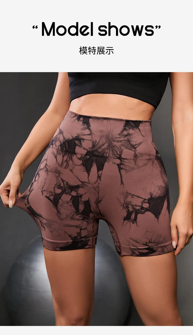 VEQKING New Seamless Tie-Dye Yoga Shorts High Waist Sport Tights Legging Peach Buttocks Gym Mini  Shorts  Running Workout Cloth.