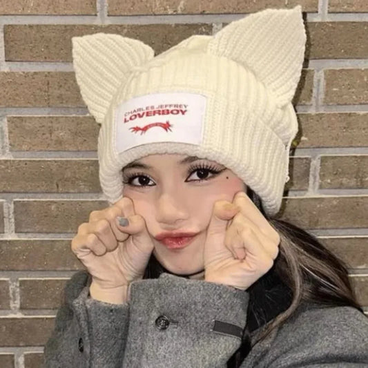 Adorable Cat Ear Knit Beanie for Women - Winter Warm Pig Ear Wool Cap - Kpop Style Hooded Hat.