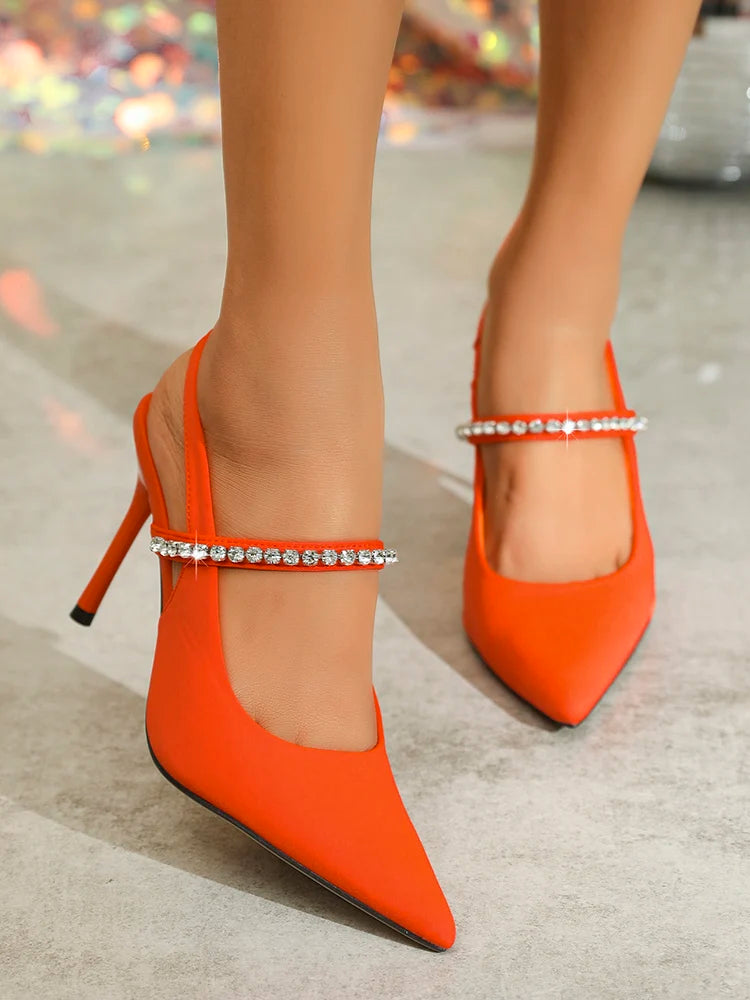 2024 Summer Fashion Orange Pump Back Strap Sandals Rhinestone Pointed Toe Slingback Shoes Brand Wedding High Heel Crystal Muless.