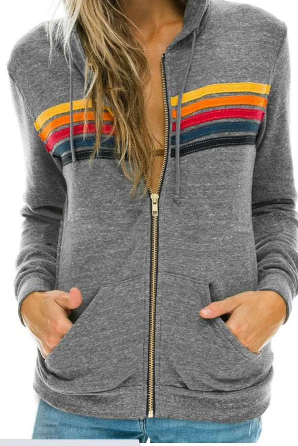 2025 Women Men Zipper Rainbow Long Sleeve Hooded Sweatershirt Harajuku Elastic Hip Hop 5 Stripe Hoodies Jacket - Elevate Your Body